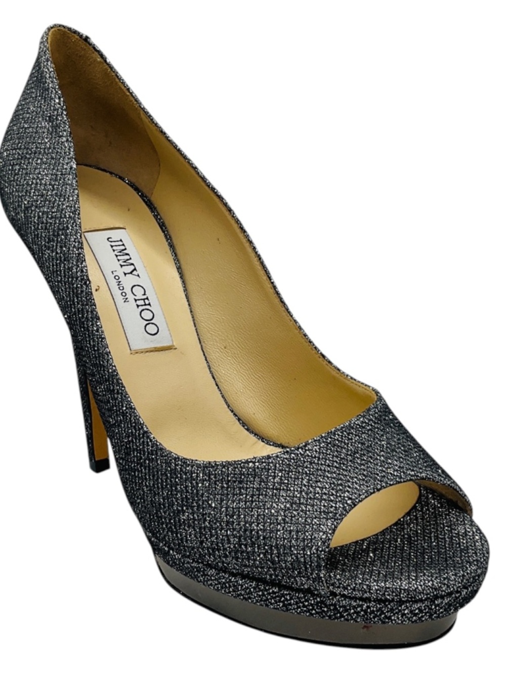 JIMMY CHOO SILVER METALLIC GLITTER OPEN TOE PUMPS